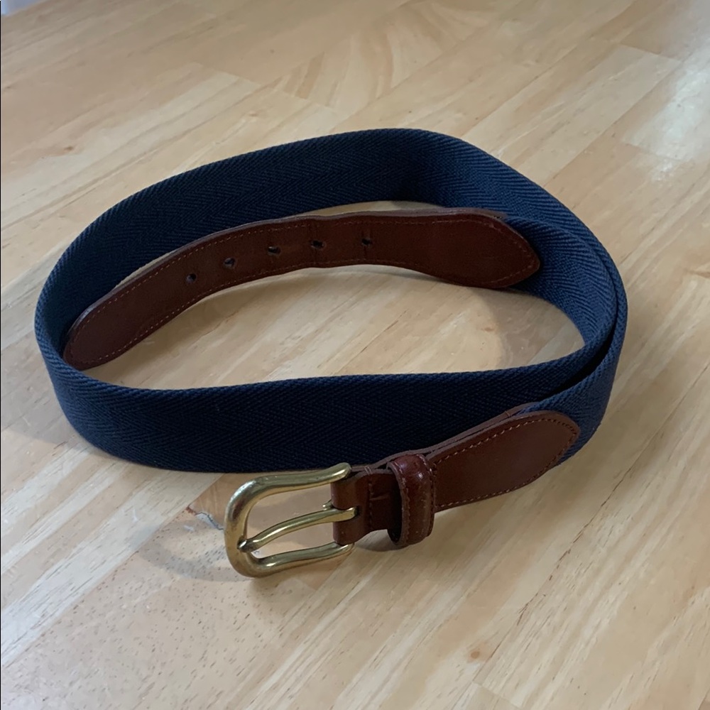 Vintage Coach Men’s Blue and Brown Canvas Leather Belt with Brass Buckle